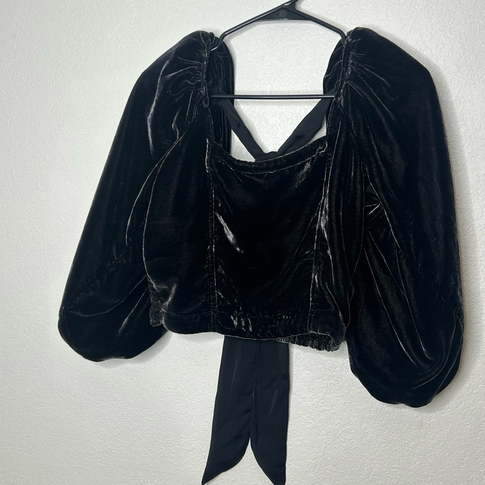 Free People Marie Black Velvet Puff Sleeve Tie-Back Blouse - Picture 7 of 13